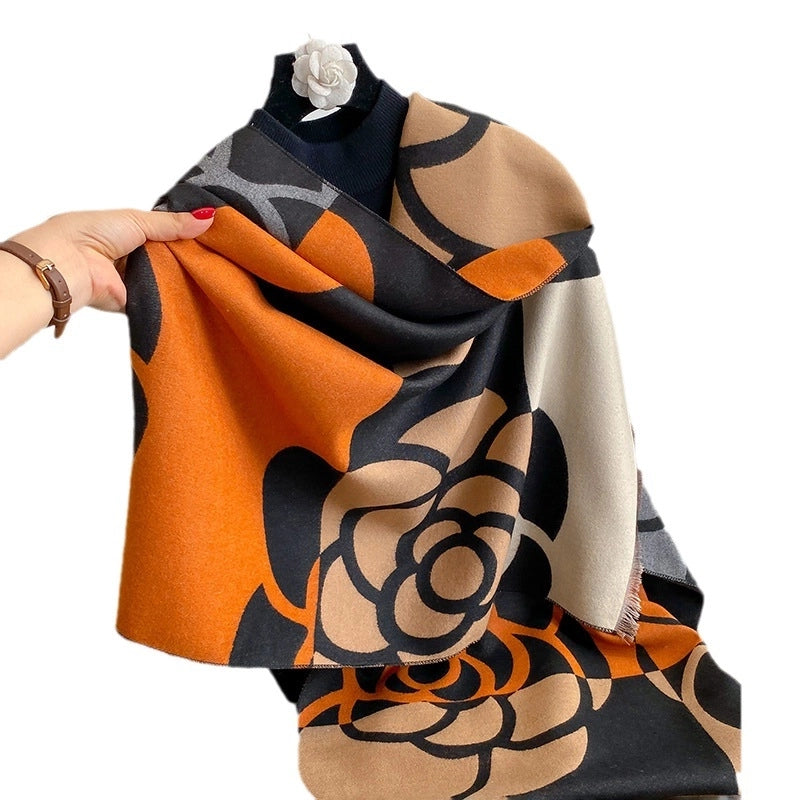 Color Matching Camellia Elegant Cashmere Scarf For Women Double-sided Thickened Autumn And Winter Warm Air Conditioning Shawl