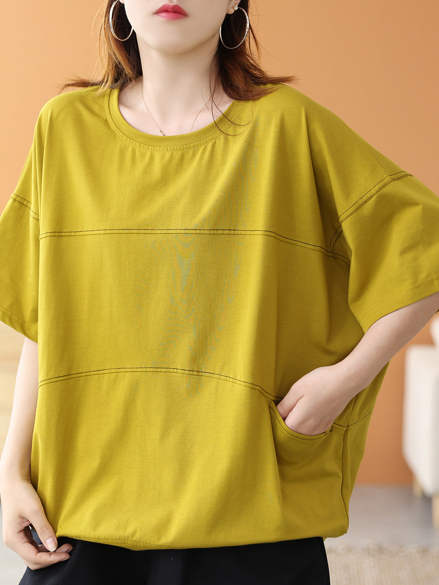 Women Summer Casual Cotton Pure Color Spliced O-Neck Shirt