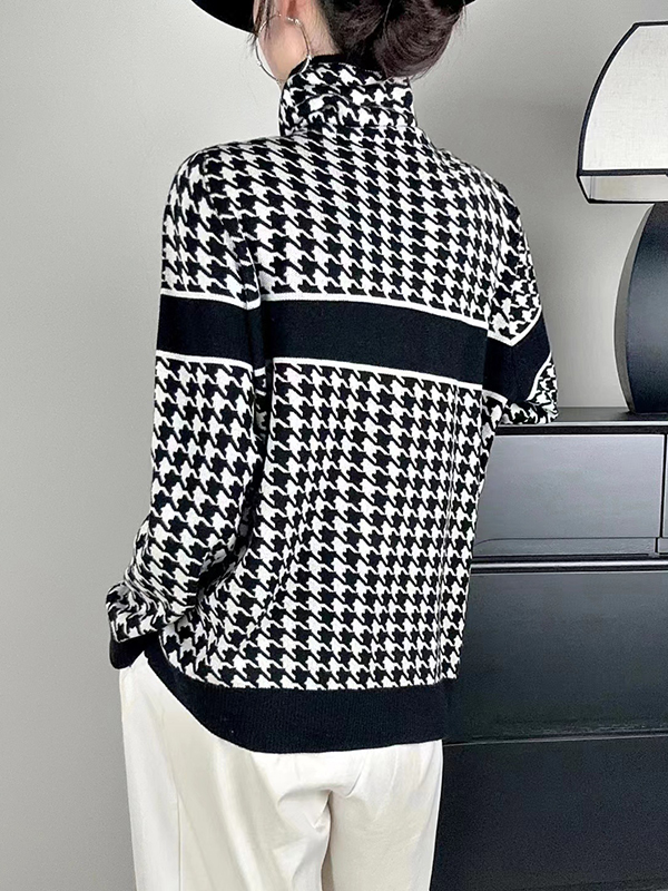 Long Sleeves Loose Contrast Color Houndstooth Split-Joint High Neck Pullovers Sweater Tops