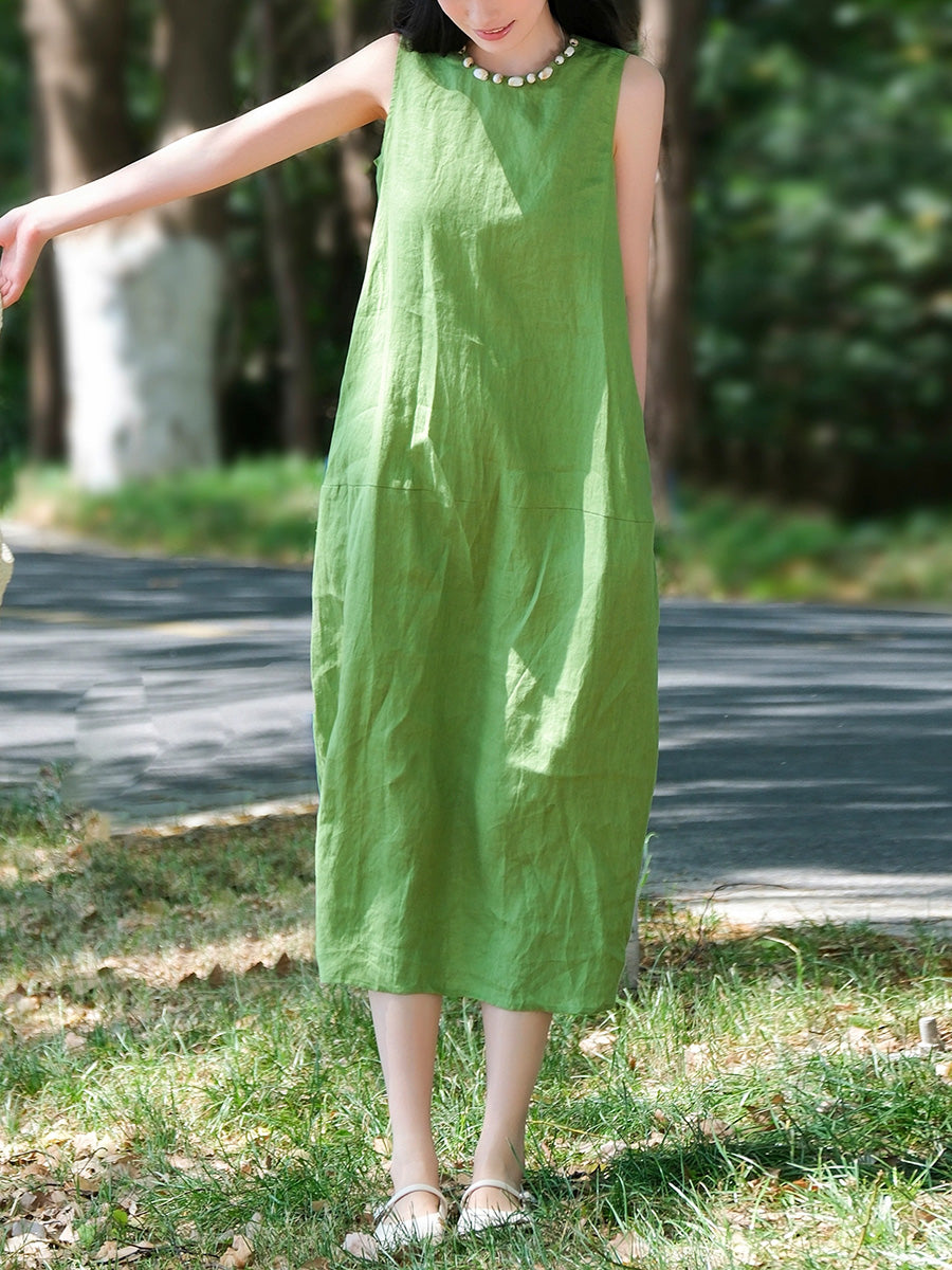 Women Summer 100%Linen O-Neck Sleeveless Dress