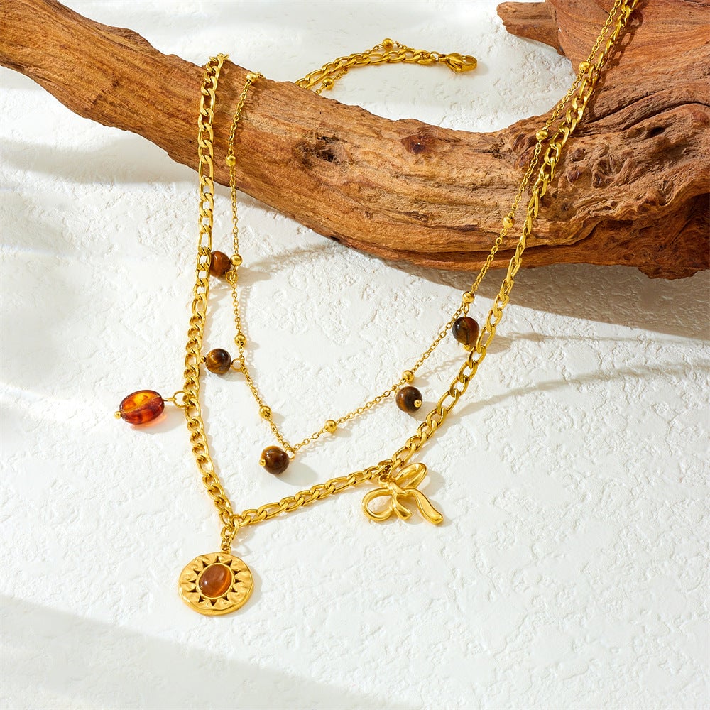 Retro Round Tiger Eye Stone Sun Pendant Necklace Bow Accessories Stainless Steel Double Layer Clavicle Chain