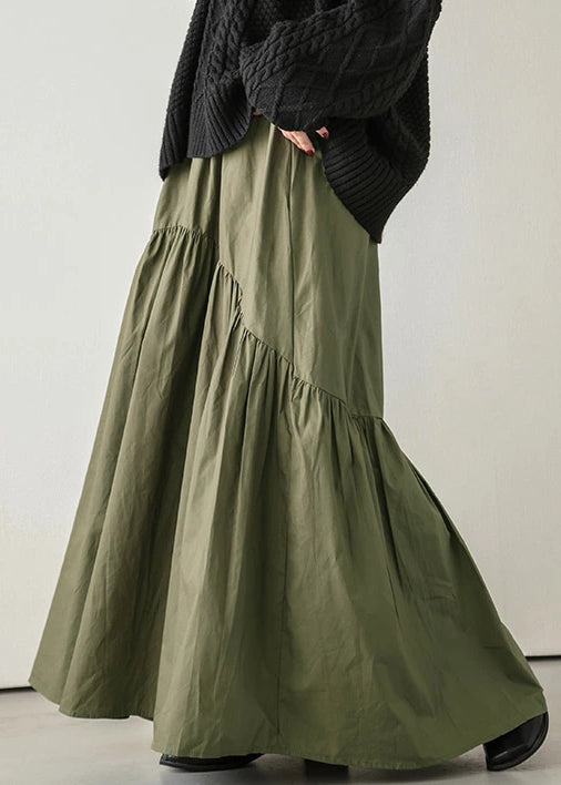 Loose Army Green Wrinkled Elastic Waist Cotton Skirt Spring