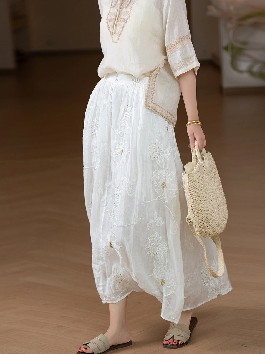 Women Summer Artsy Flower Embroidery 100%Ramie Skirt