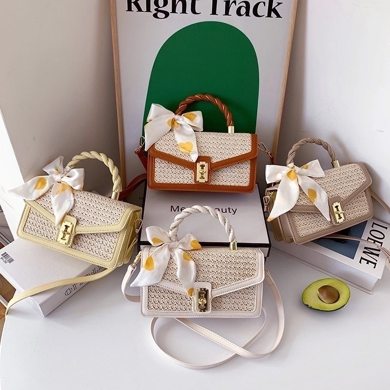 Women's Medium Straw Solid Color Fashion Ribbon Square Flip Cover Crossbody Bag