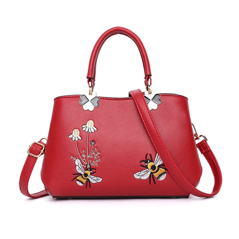 Women's Pu Leather Flower Bee Classic Style Sewing Thread Bucket Zipper Handbag Crossbody Bag