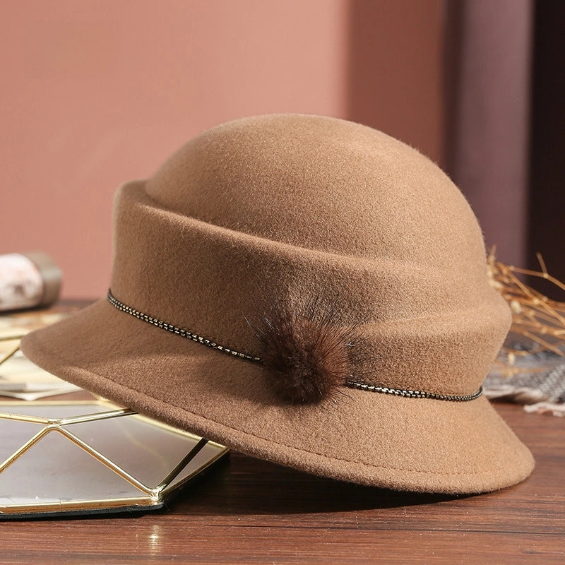 5 Pieces Autumn And Winter Hat Female Bowler Hat Pure Wool Woolen Hat Shaping Hat Elegant Mink Fur Ball Bright Beads Decoration 1215