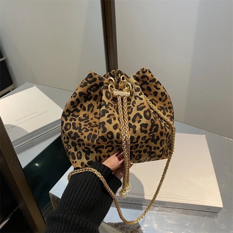 Women's Cloth Leopard Basic Vintage Style Bucket String Shoulder Bag Crossbody Bag