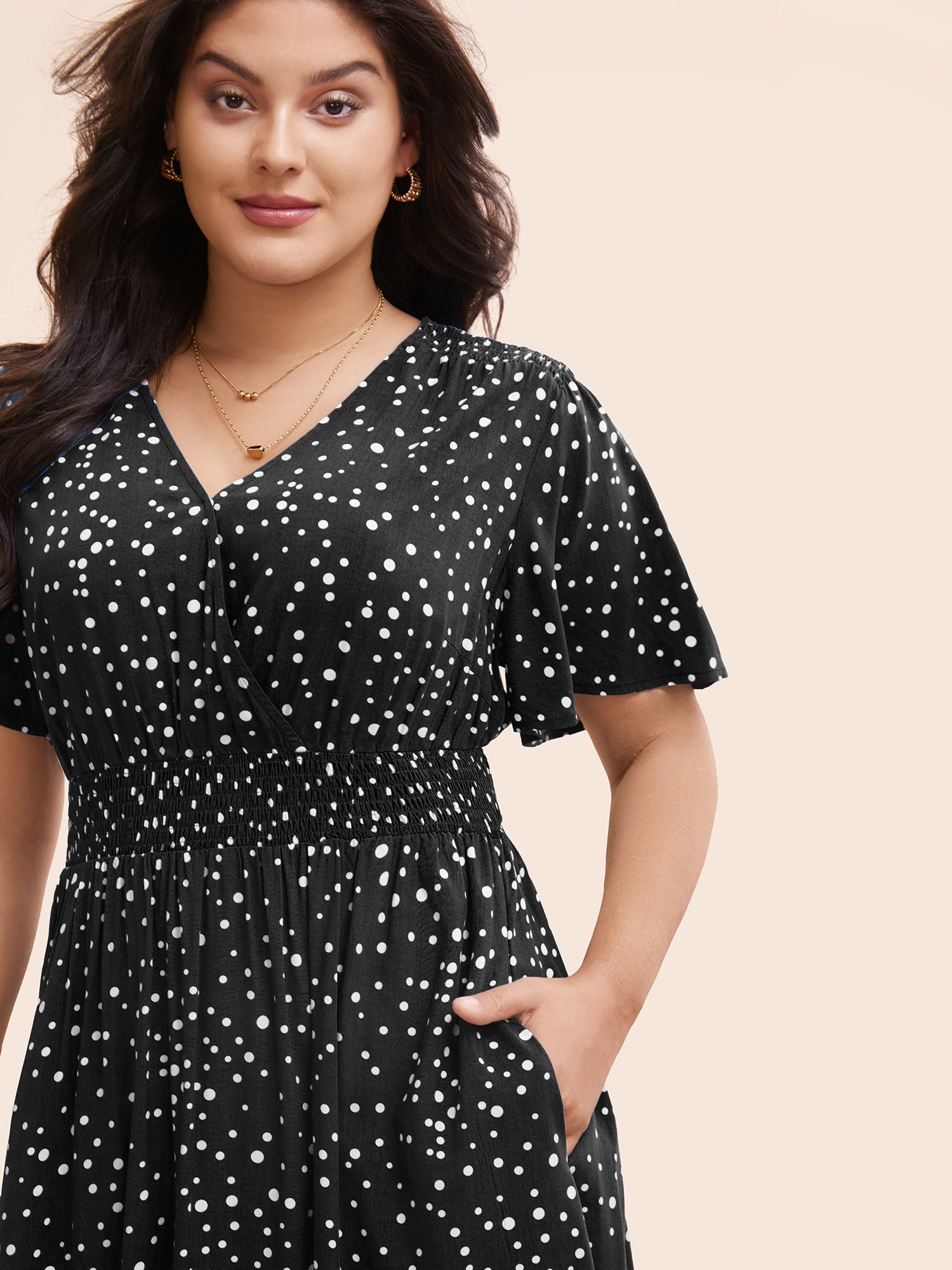 Polka Dot Wrap Pocket Shirred Ruffle Sleeve Dress