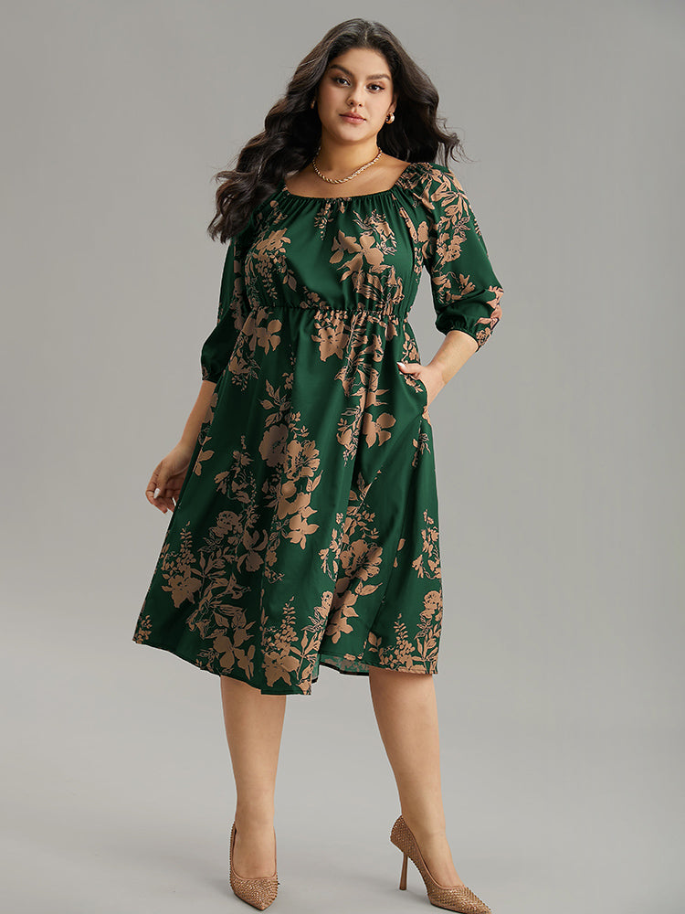 Silhouette Floral Print Elastic Cuffs Dress