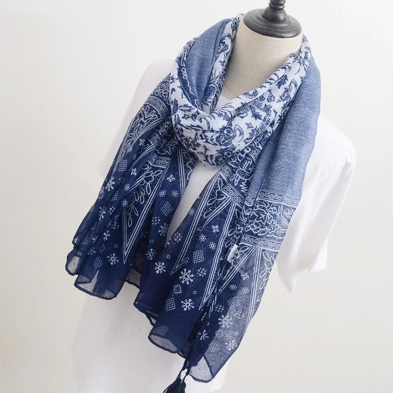 Women's Retro Ethnic Style Printing Cotton Tassel Scarf