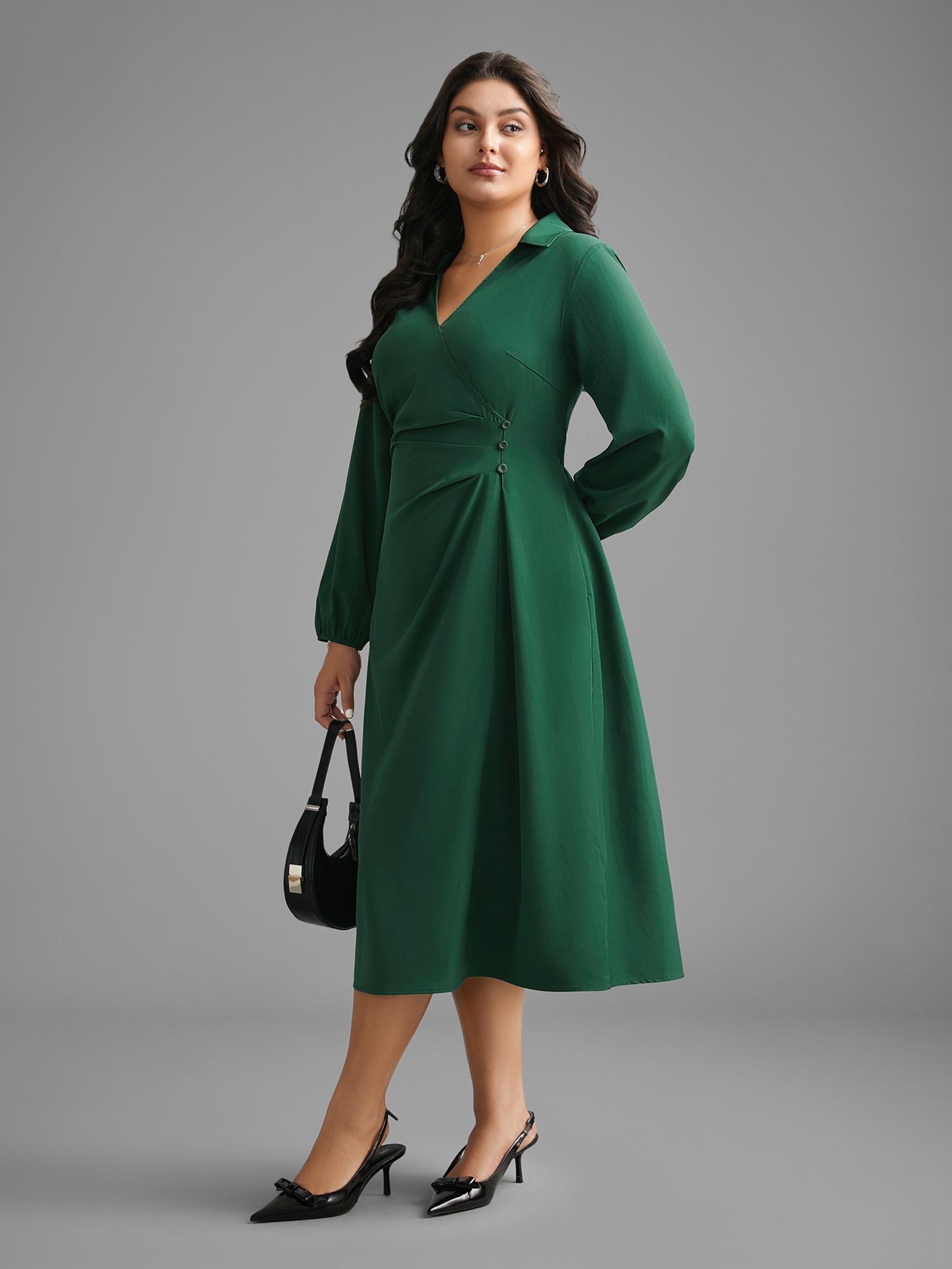 Shirt Collar Pleated Button Detail Dress