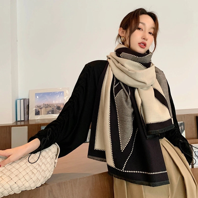 New Large V-Shaped Warm Thickened Double-Sided Cashmere Scarf Women's Office Air Conditioning Shawl Scarf