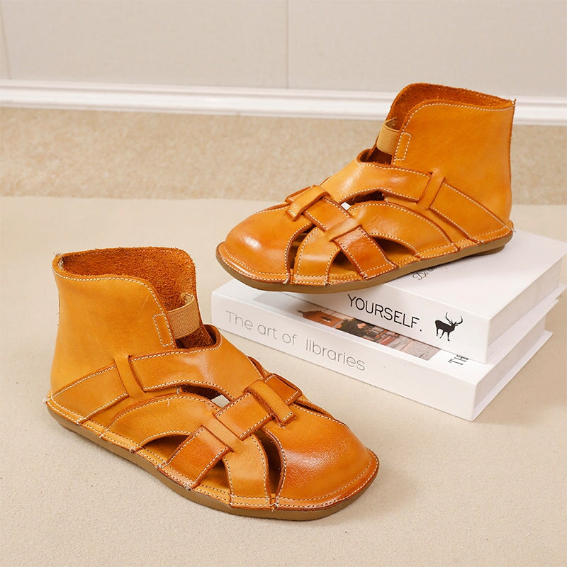 Washed Cowhide Leather Woven High-Top Flats Sandals in Caramel/Black