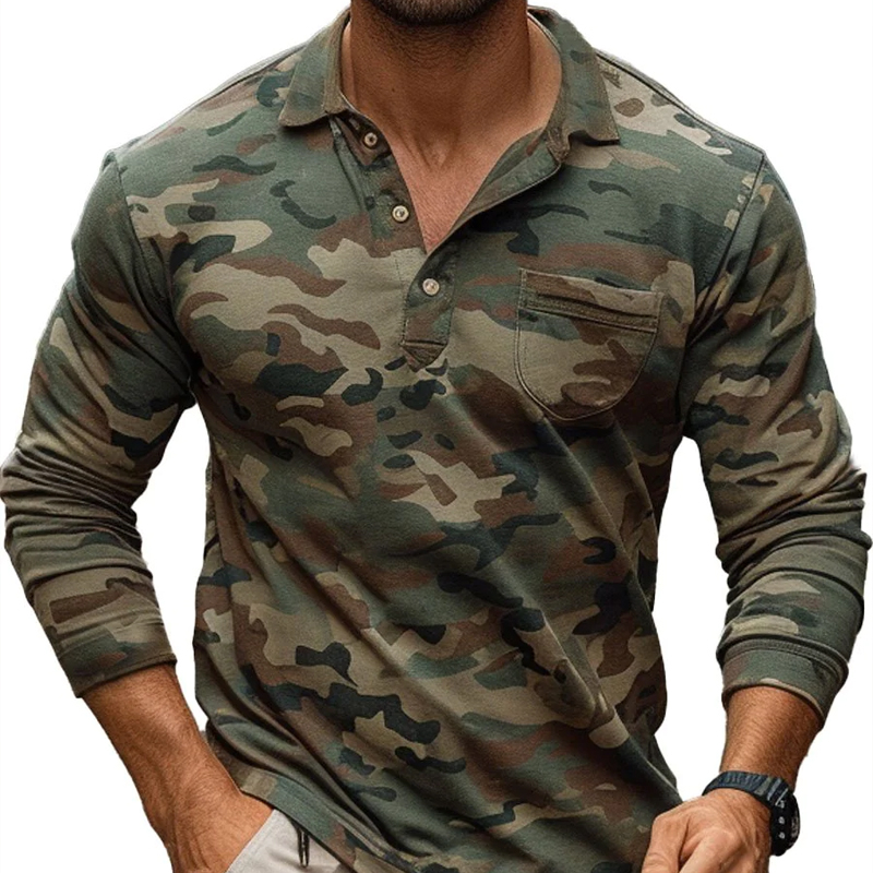 Single Pocket Retro Camouflage Casual Long Sleeve Polo T-Shirt