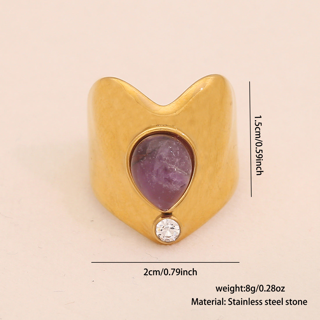 Retro Amethyst Natural Stone Ring Geometric Metal Style Open Ring R120