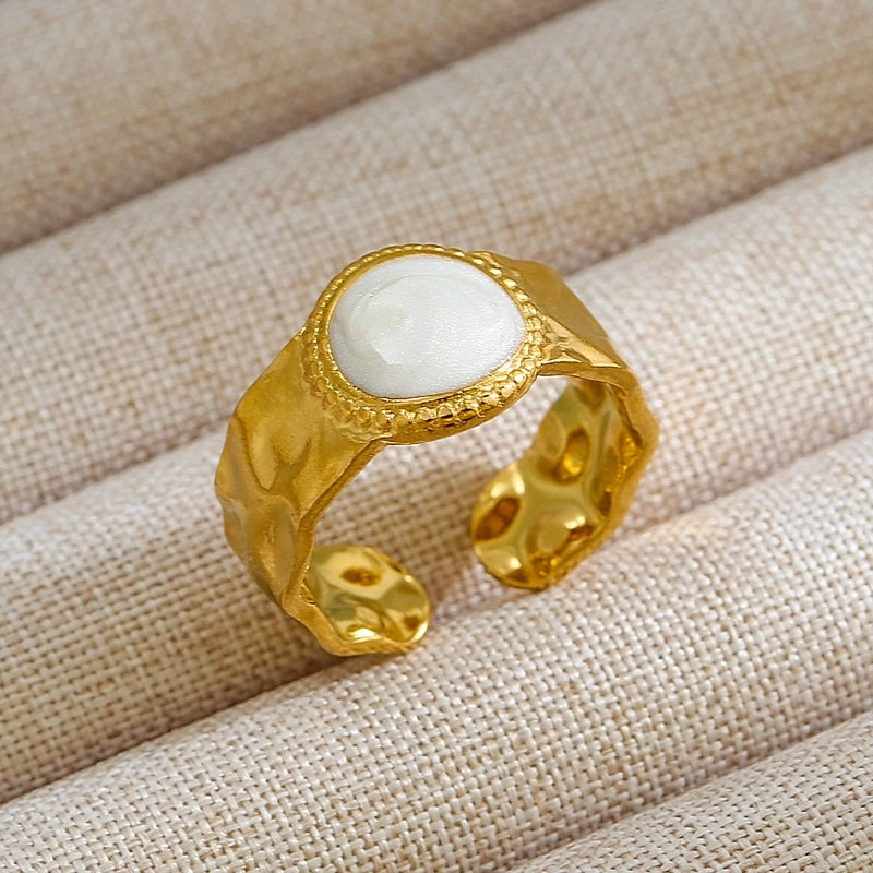 Rock Oversized Leaves Eye Flower 304 Stainless Steel Gem 18K Gold Plated Inlay Open Rings