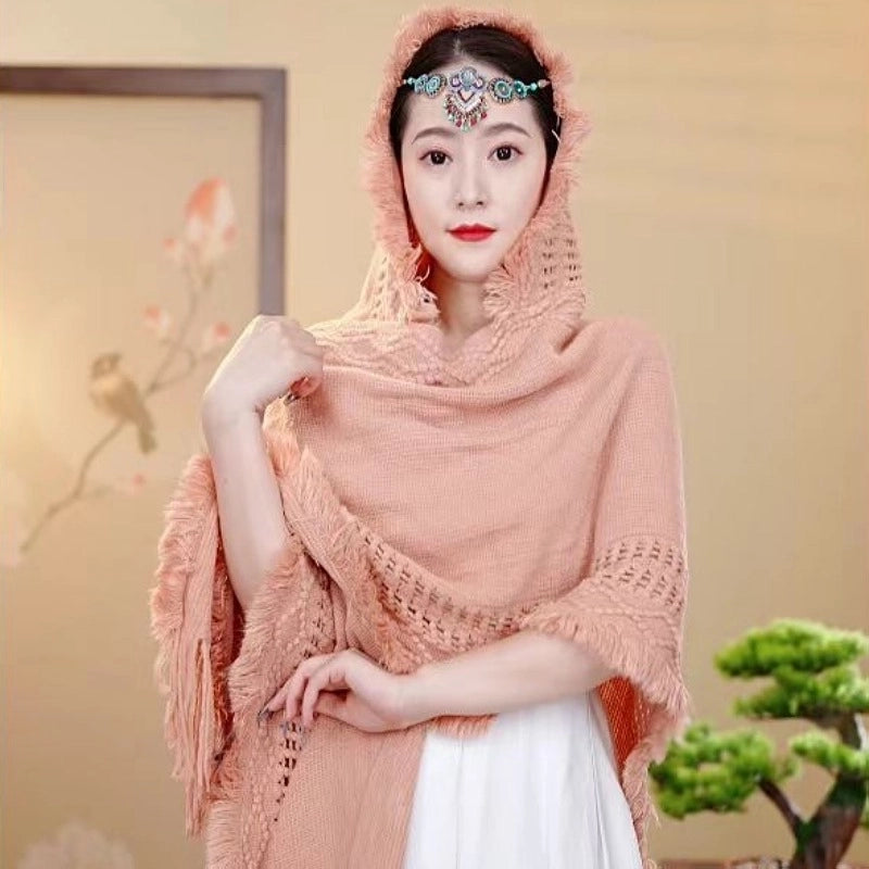 Travel Hooded Knitted Shawl Women's Ethnic Style Shawl Yunnan Lijiang Tibet Travel Photography New Cape Cape