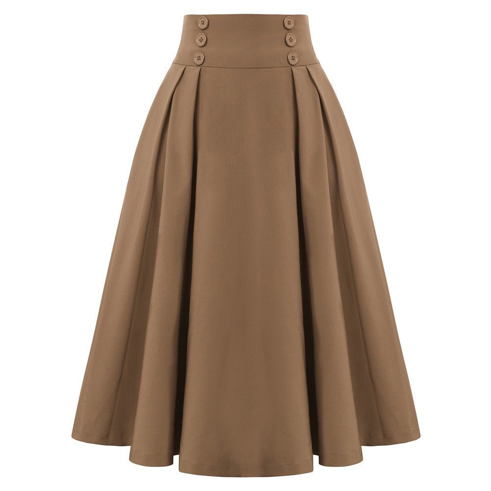Strawberry Patterns Pleated Buttons Decorated Elastic Waist High Waist Swing A-Line Skirt with Pockets