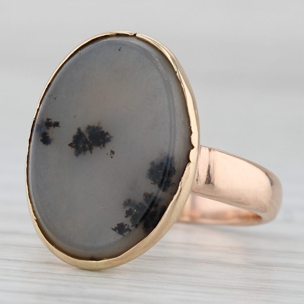 Vintage Dendritic Oval Agate Ring 10k Yellow Gold Size 6.5