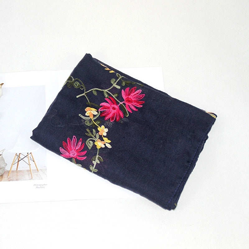 Women's Classic Style Flower Cotton And Linen Embroidery Scarf