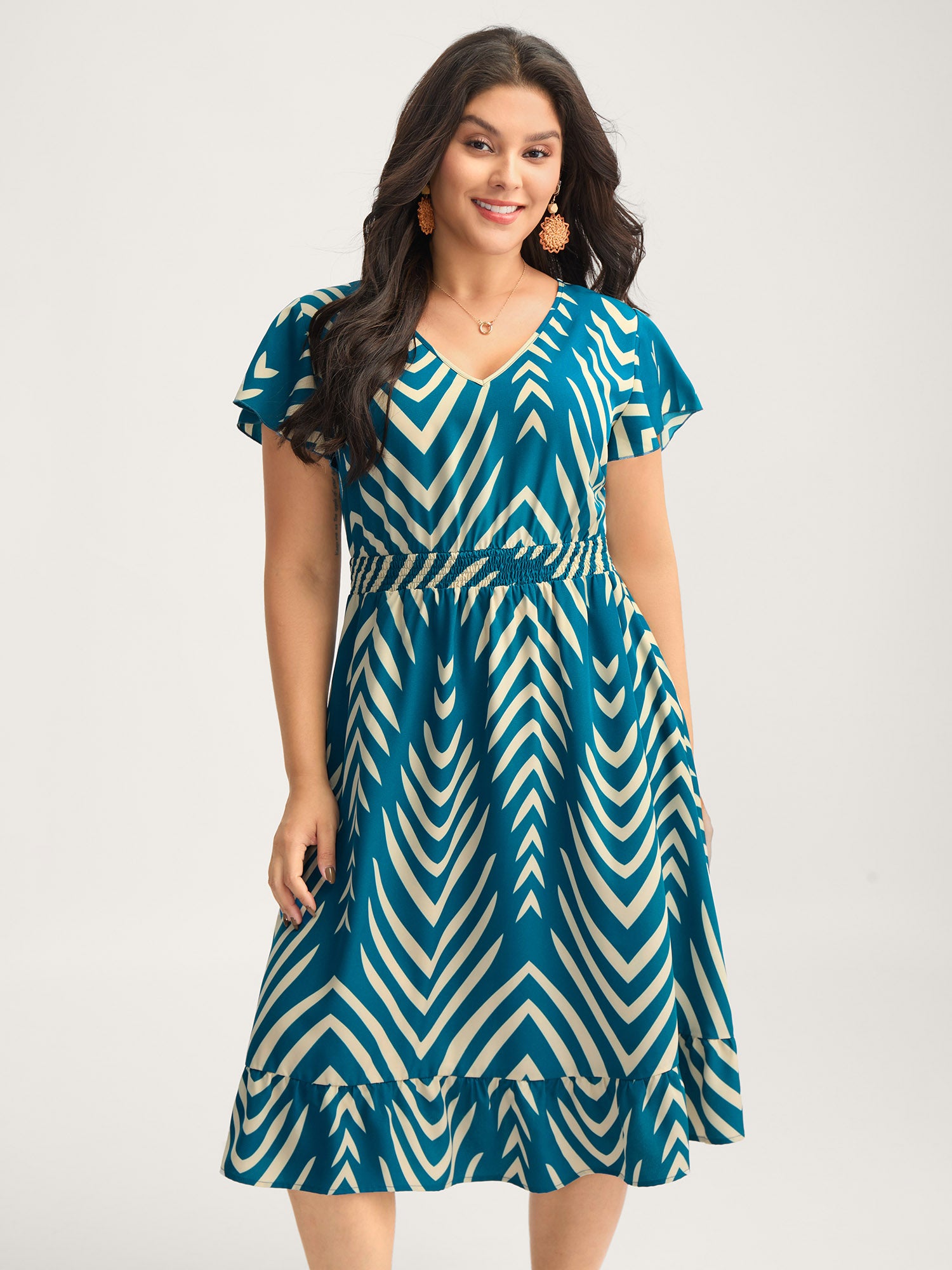 Geometric Print Cinched-Waist Midi Dress