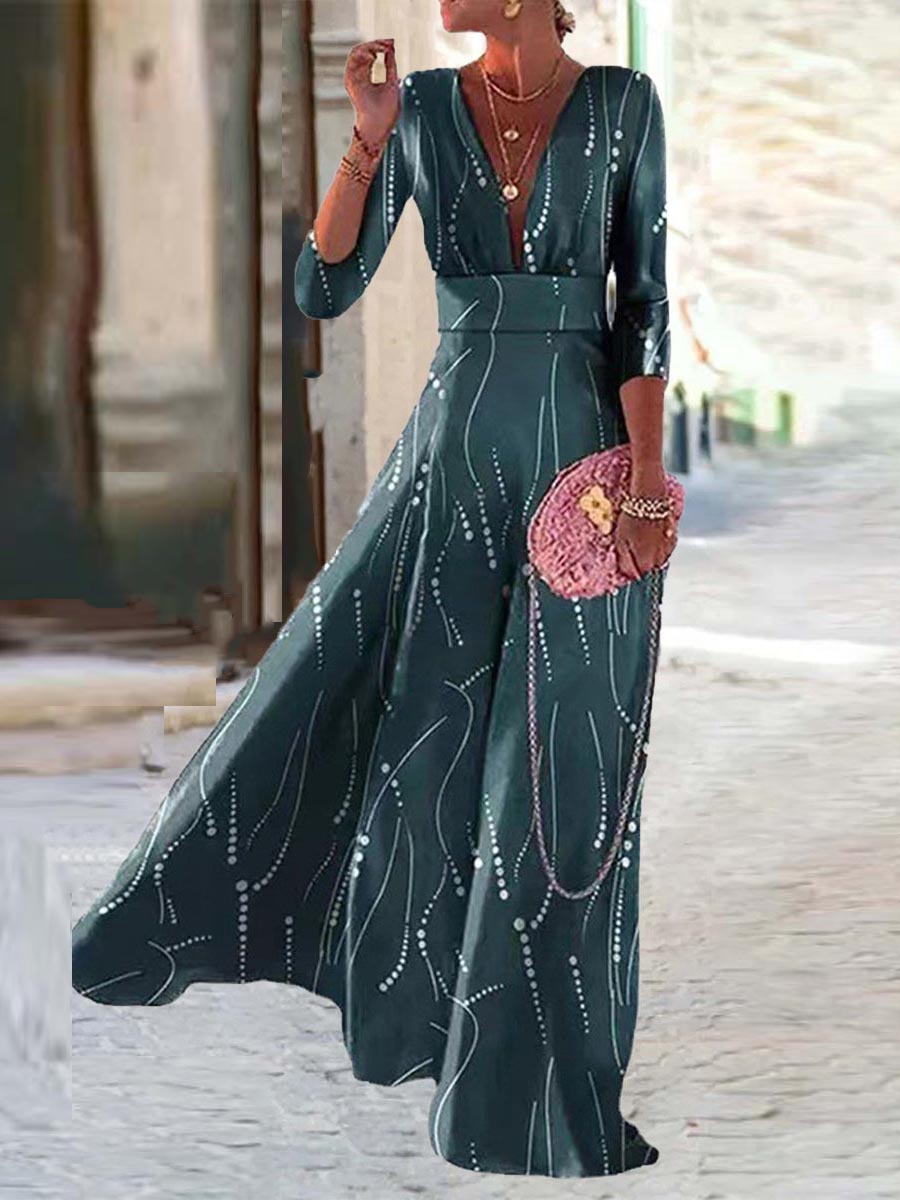 Elegant Geometric Printing V Neck A Line Dresses