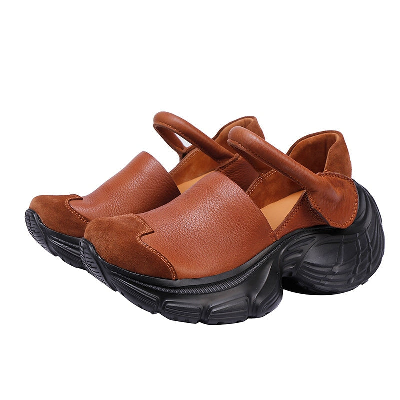 Chunky Platform Cow Leather Mary Jane Shoes with Adjustable Velcro Strap in Black/Light Brown