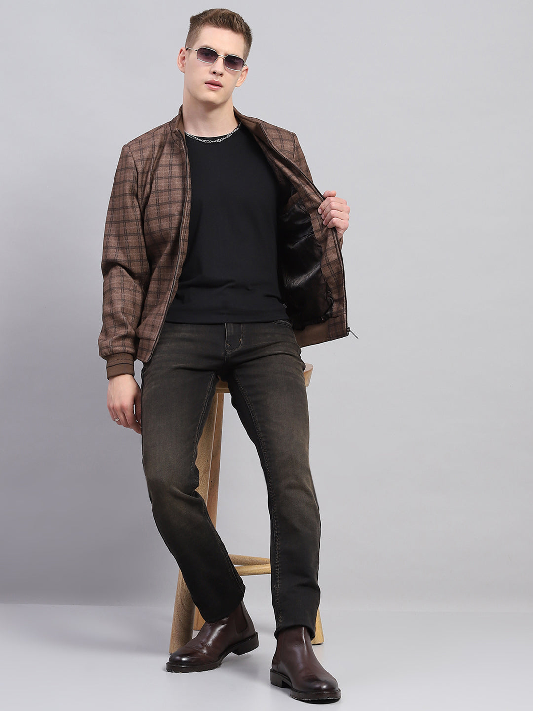 Men Brown Check Mock Neck Full Sleeve Jacket