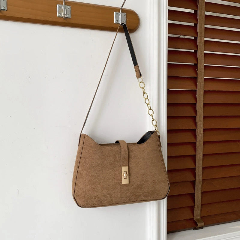 Women's Suede Solid Color Classic Style Sewing Thread Square Zipper Buckle Shoulder Bag