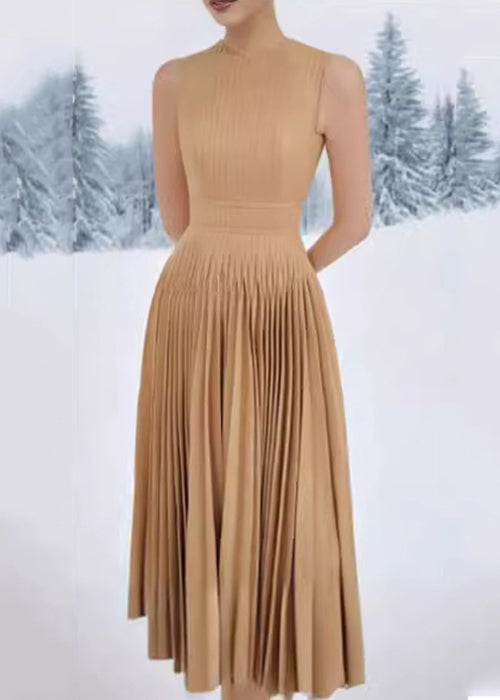 Simple Coffee Zippered Wrinkled Solid Cotton Dress Sleeveless