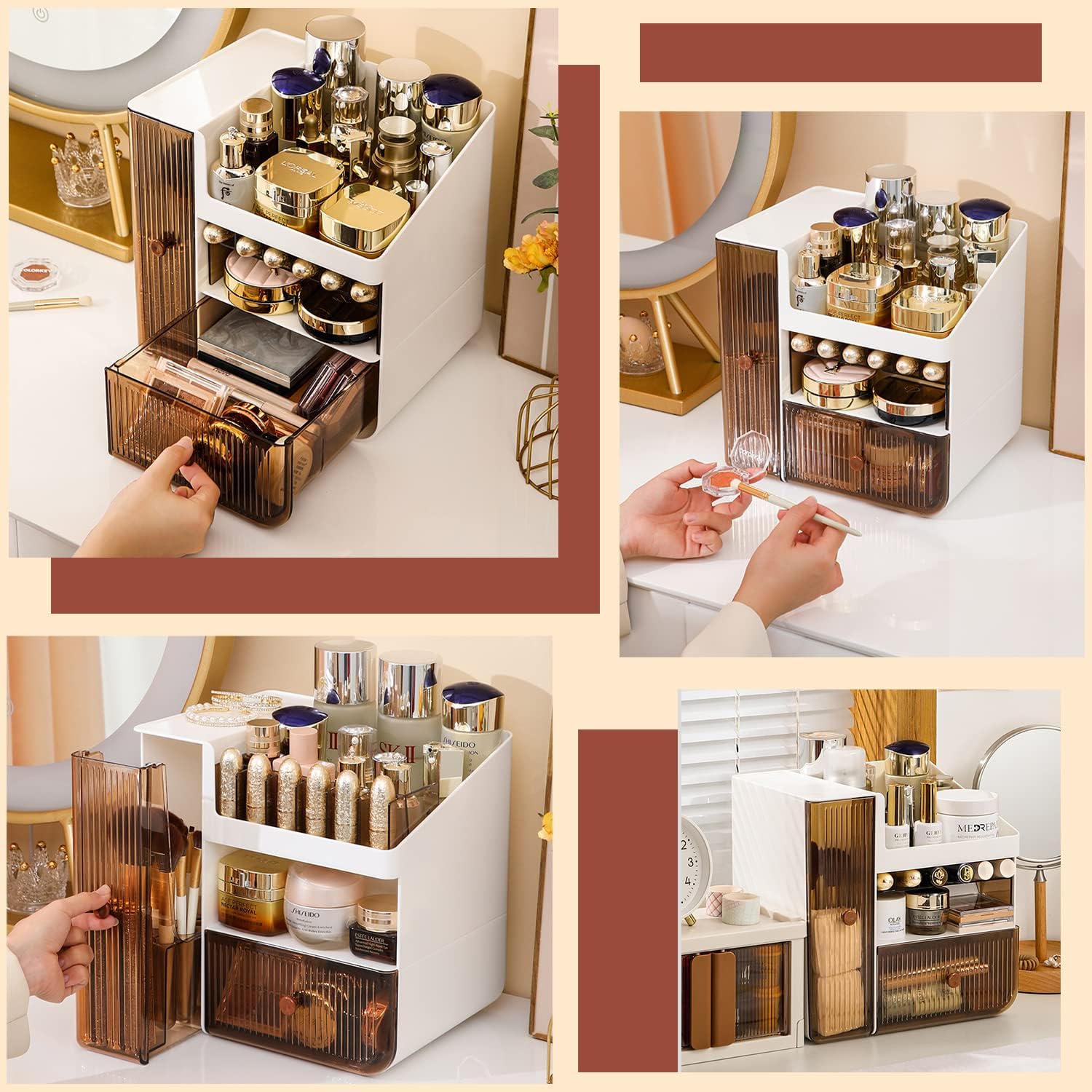 Large Capacity Makeup Organiser Desktop Drawers For Vanity. Cosmetic Desk Organiser Storage Box