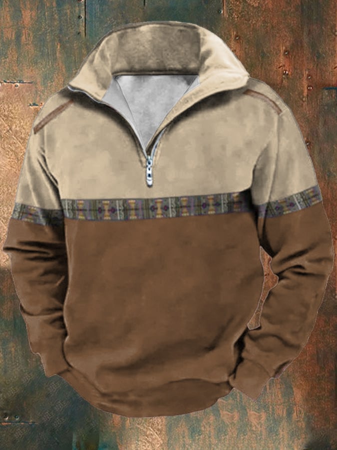 Men's Retro Western Print Lapel Long Sleeve Sweatshirt