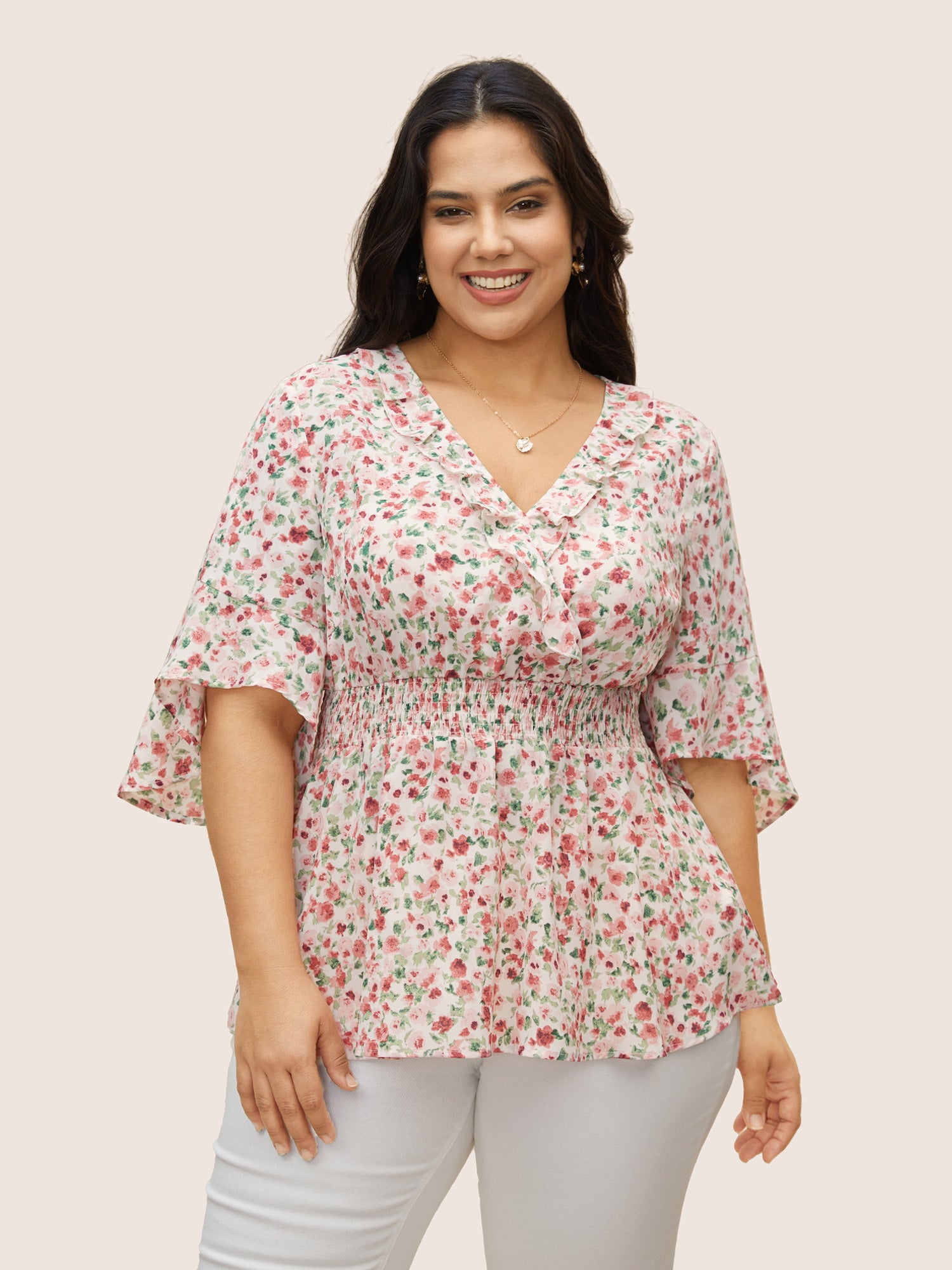 Ditsy Floral Overlap Collar Ruffles Shirred Blouse