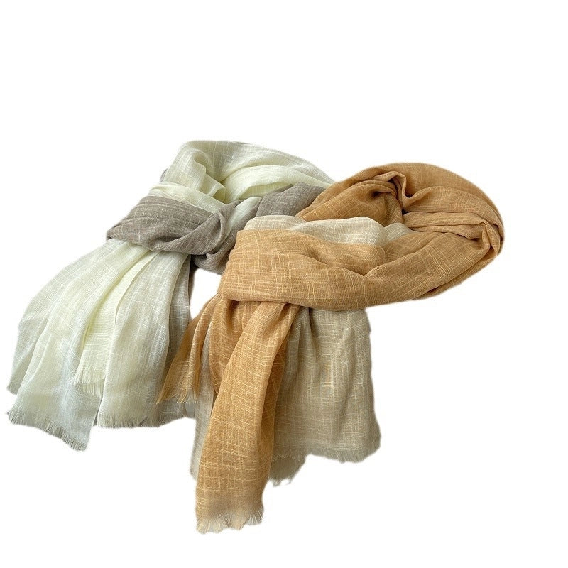 Elegant Contrast Color Artistic Scarf Women's Mori Cotton Linen Spring And Summer Thin Long Gradient Silk Scarf Neck Protecting Shawl Women