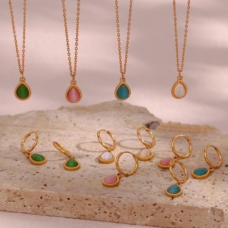 Retro Water Droplets 304 Stainless Steel Opal 18K Gold Plated Plating Pendant Necklace