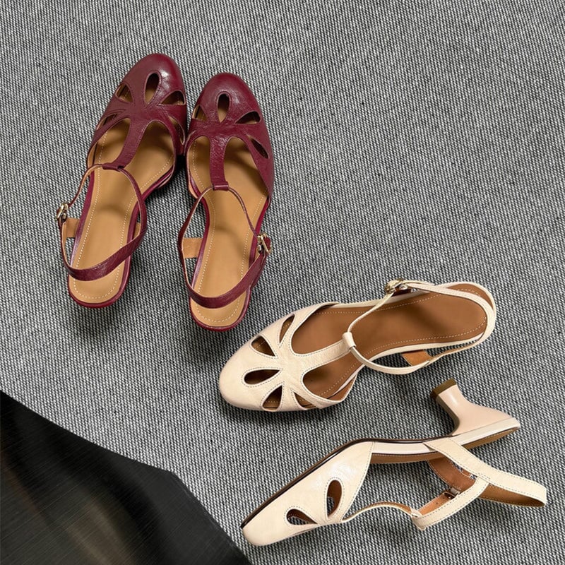 Handmade Sheepskin T-Strap Mary Jane Shoes Block Heel Round Toe Sandals