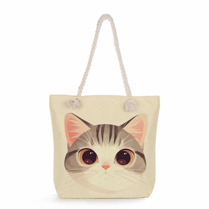Women's Medium Linen Cat Cute Square Zipper Tote Bag Beach Bag