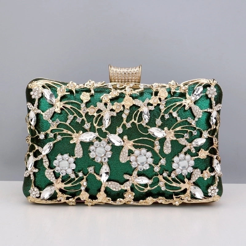 Black Gold Silver Pu Leather Flower Rhinestone Square Clutch Evening Bag