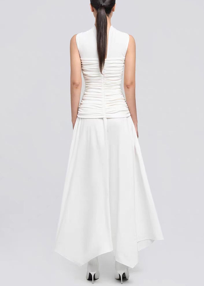 White Wrinkled Cotton Long Dresses Asymmetrical Summer