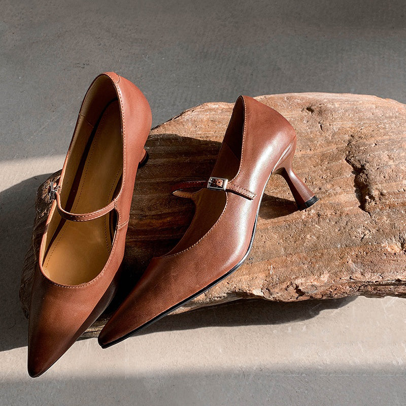 Elegant Mary Jane Pumps Pointed Toe 65mm Stiletto Leather Heels for Evening Dresses in Black/Brown/Apricot