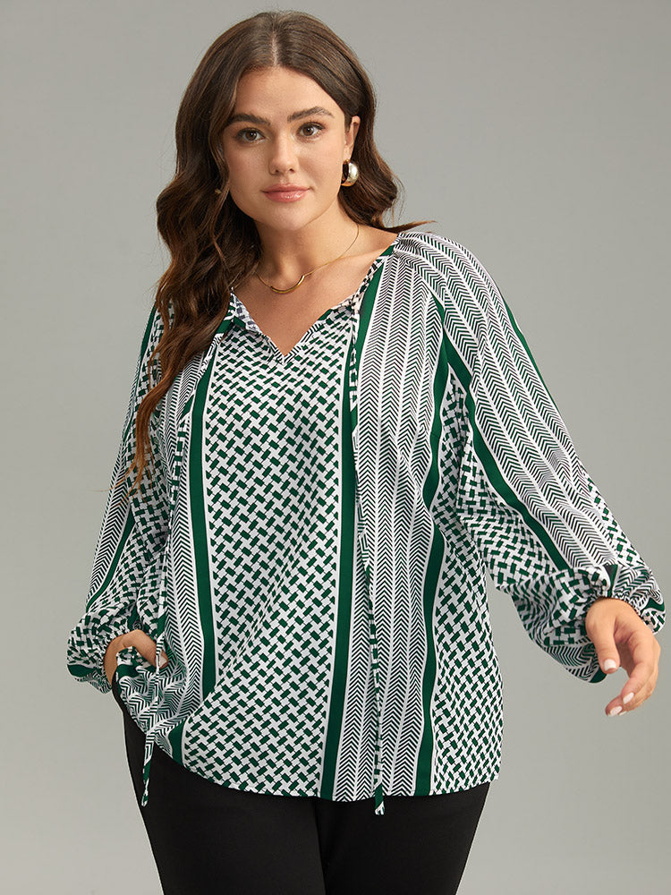 Geo Striped Tie Lantern Sleeve Blouse