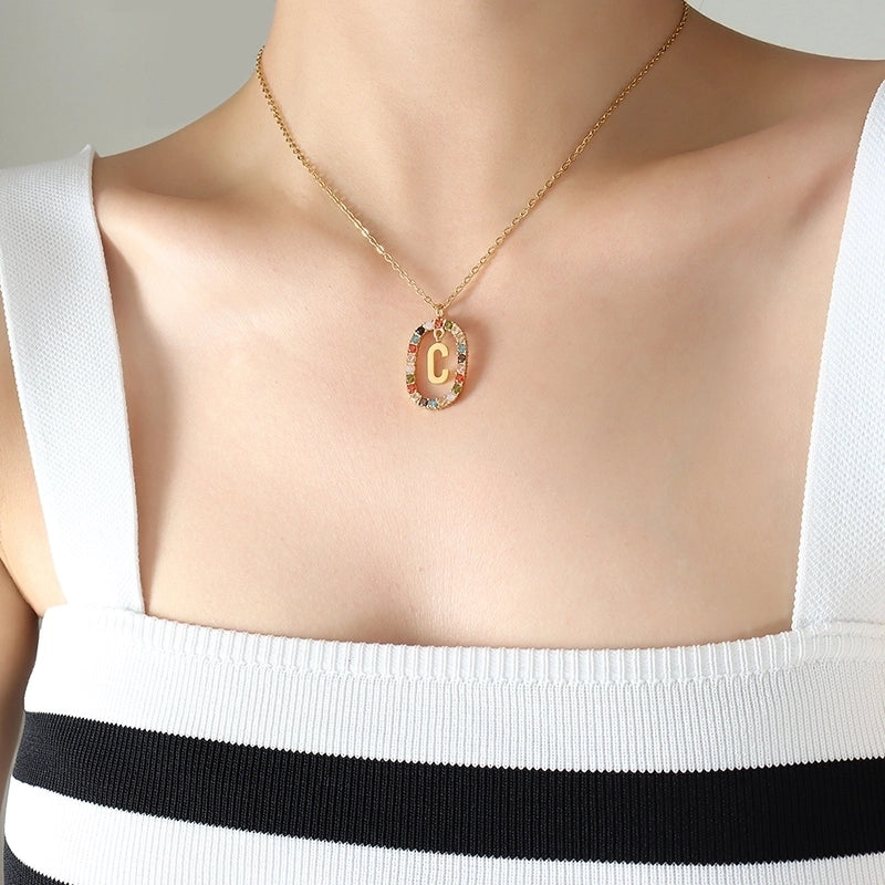 INS Style Letter Oval Titanium Steel Zircon 18K Gold Plated Inlay Necklace