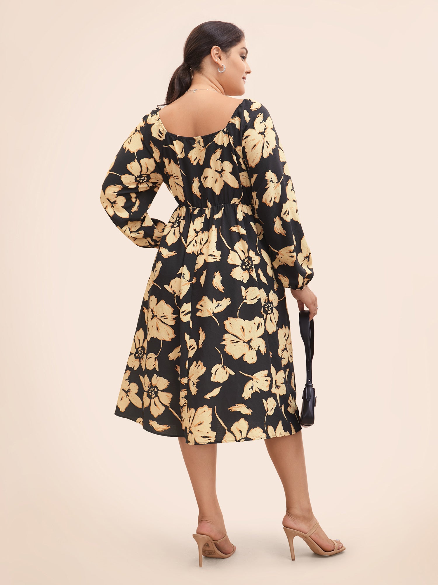 Floral Square Neck Shirred Lantern Sleeve Dress