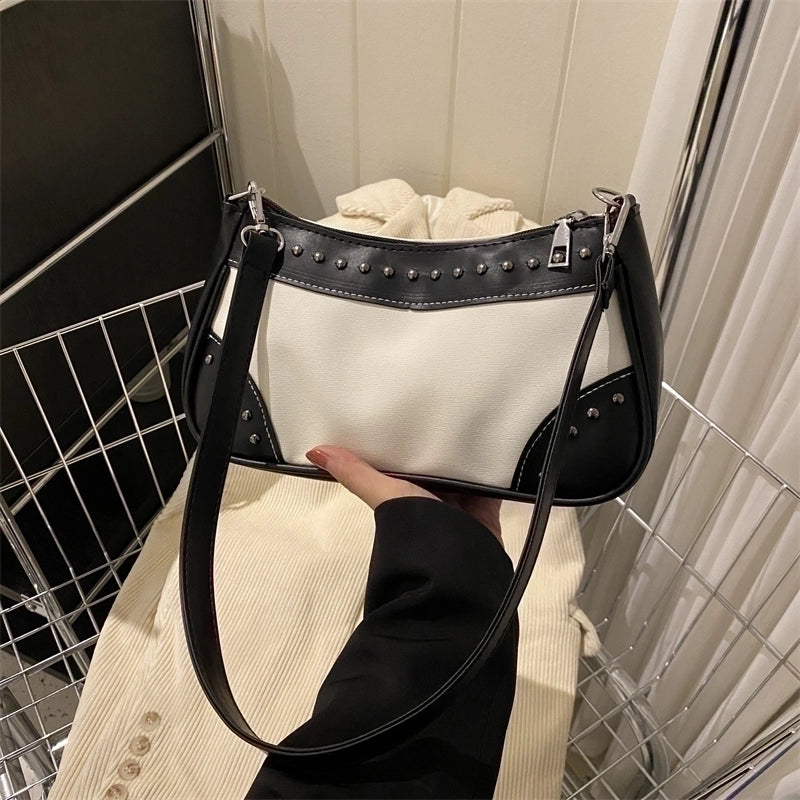 Women's Pu Leather Color Block Vintage Style Semicircle Zipper Shoulder Bag