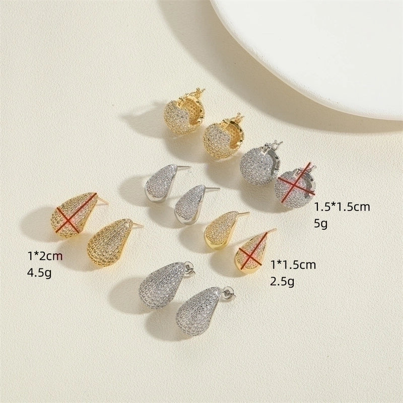 1 Pair Vintage Style Minimalist Commute Round Water Droplets Inlay Copper Zircon 14K Gold Plated Earrings Ear Studs