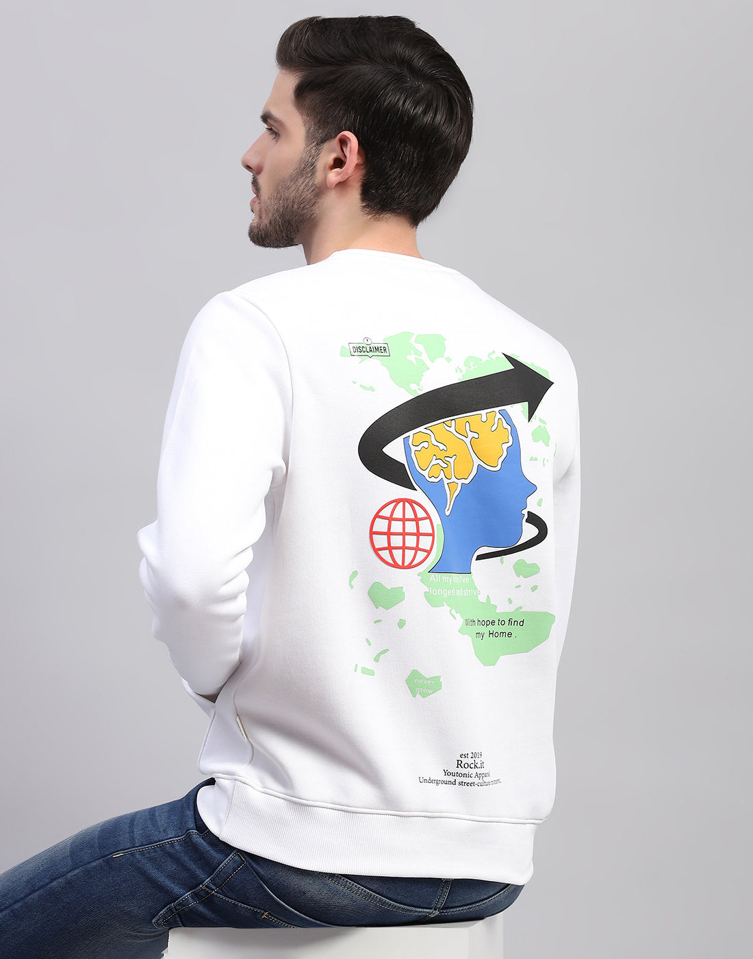 Men White Printed Round Neck Full Sleeve Sweatshirt