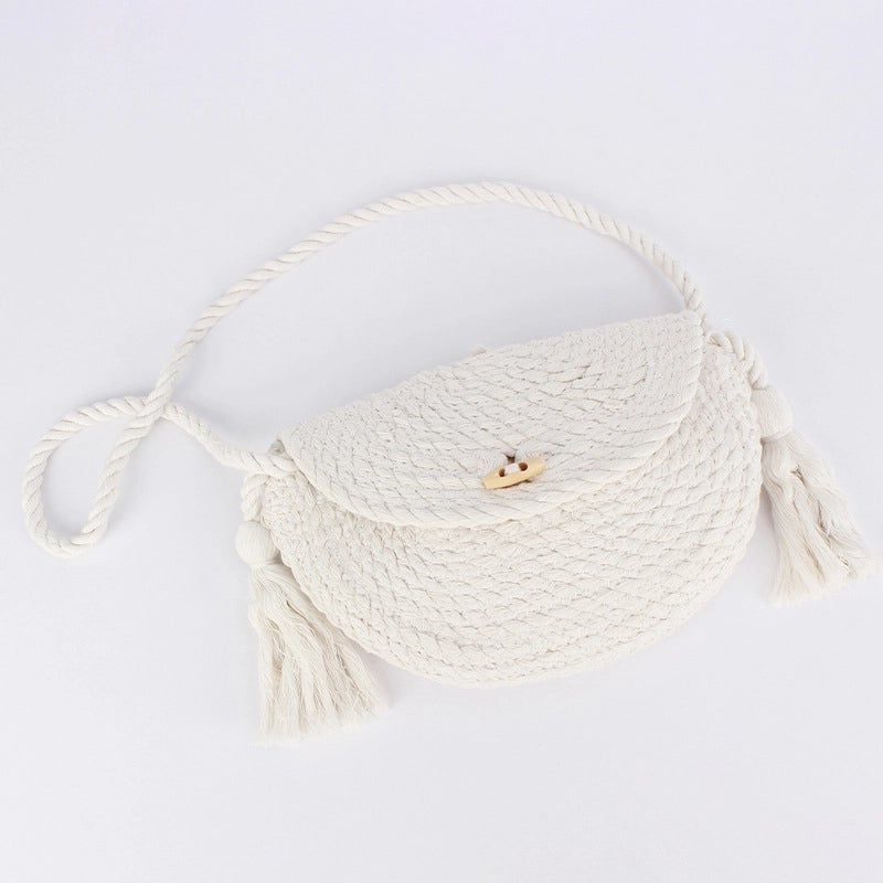 Women's Small Cotton Solid Color Basic Classic Style Tassel Weave Dumpling Shape Lock Clasp Crossbody Bag