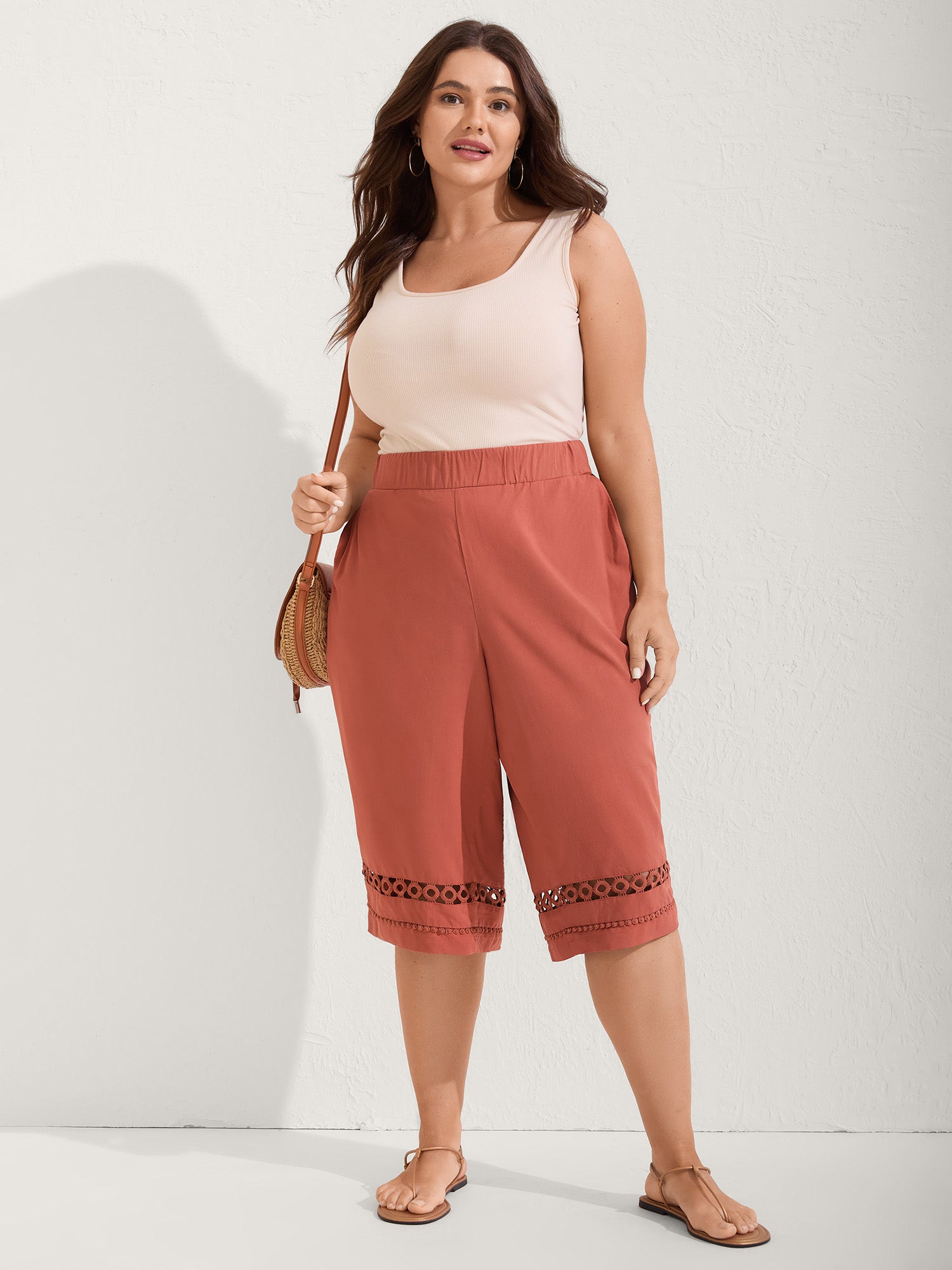 Lace Trim Plain Straight-Leg Pants