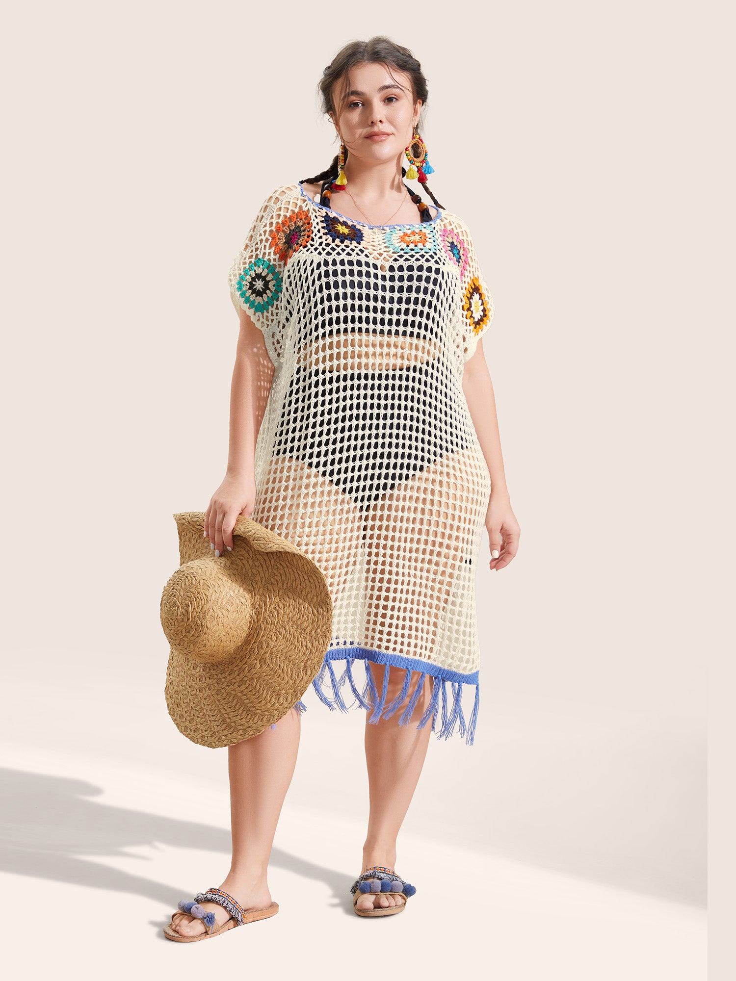 Contrast Crochet Cut Out Slit Hem Swim Cover Up