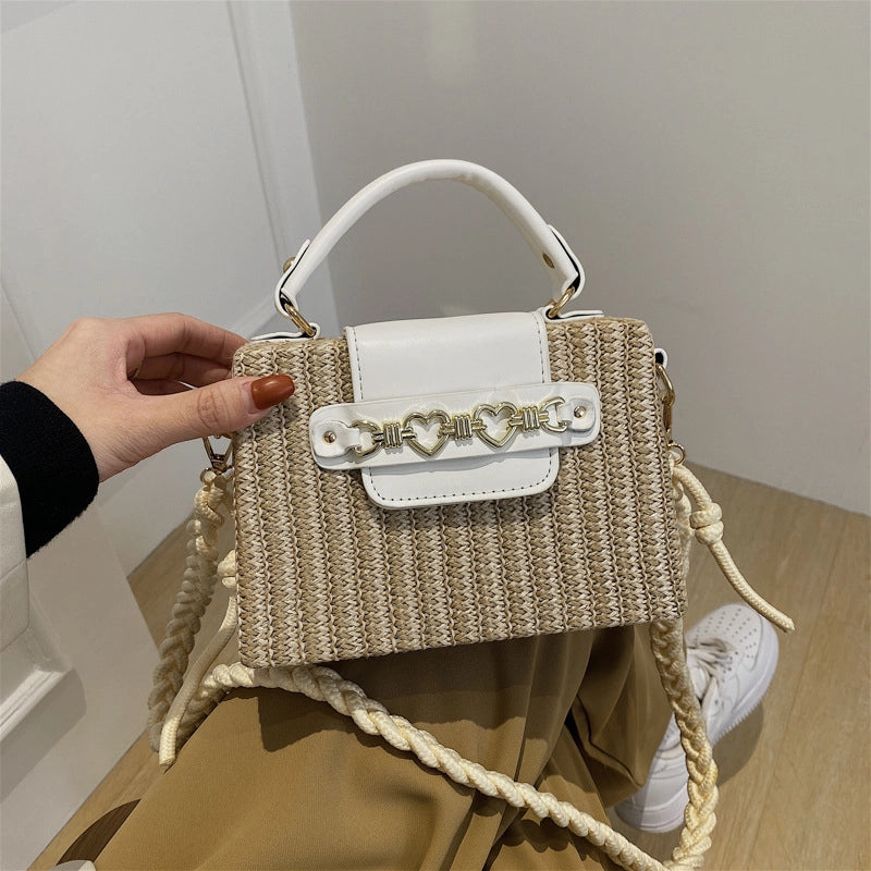 Women's Medium Straw Color Block Solid Color Vacation Beach Weave Magnetic Buckle Straw Bag